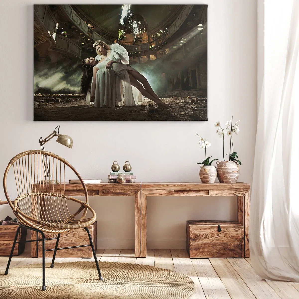 Tablou pe pânză Canvas - Două figuri în ruine cu un joc de lumini - 70x50cm - Spiritul vechiului teatru - Decorațiune modernă pentru perete pentru living și dormitor ARTTOR