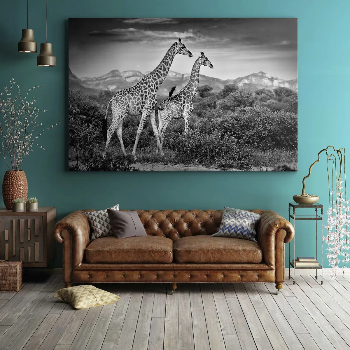 Tablou pe pânză Canvas - Siluete alb-negru a două girafe în savană - 70x50cm - Clasele superioare din Africa - Decorațiune modernă pentru perete pentru living și dormitor ARTTOR