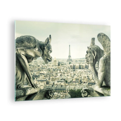 Tablou pe sticlă - Garguie deasupra Parisului cu vedere la Turnul Eiffel - 70x50cm - La taclale pariziene - Decorațiune modernă pentru perete pentru living și dormitor ARTTOR