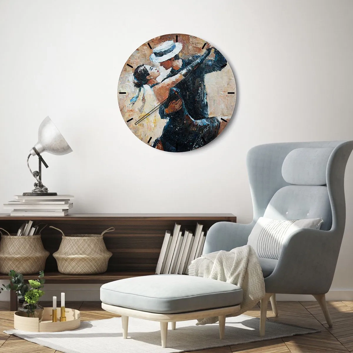 Ceas de perete - Ceas pe sticlă - Un cuplu dansând în ținute elegante, cu o pălărie și o poză dinamică - 30x30cm - A la Rudolf Valentino - Decorațiune modernă pentru perete pentru living, bucătărie și dormitor ARTTOR