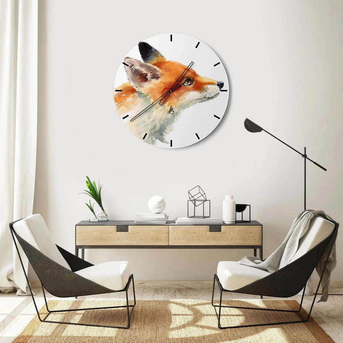 Ceas de perete - Ceas pe sticlă - Vulpe în acuarelă în culori intense - 30x30cm - Nu poți fi niciodată prea atent - Decorațiune modernă pentru perete pentru living, bucătărie și dormitor ARTTOR