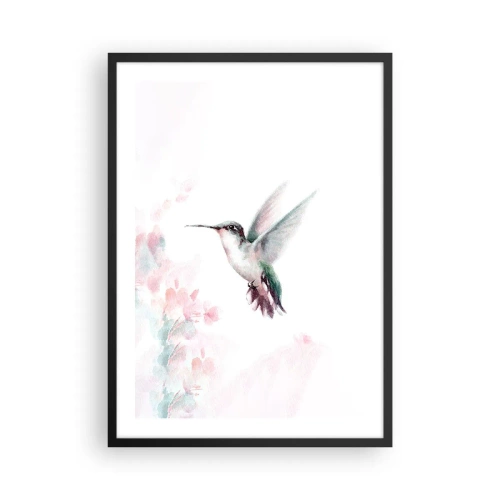 Poster în ramă neagră - Colibri în zbor cu un fundal floral delicat - 50x70cm - Oprit în mișcare - Decorațiune modernă pentru perete pentru living și dormitor ARTTOR