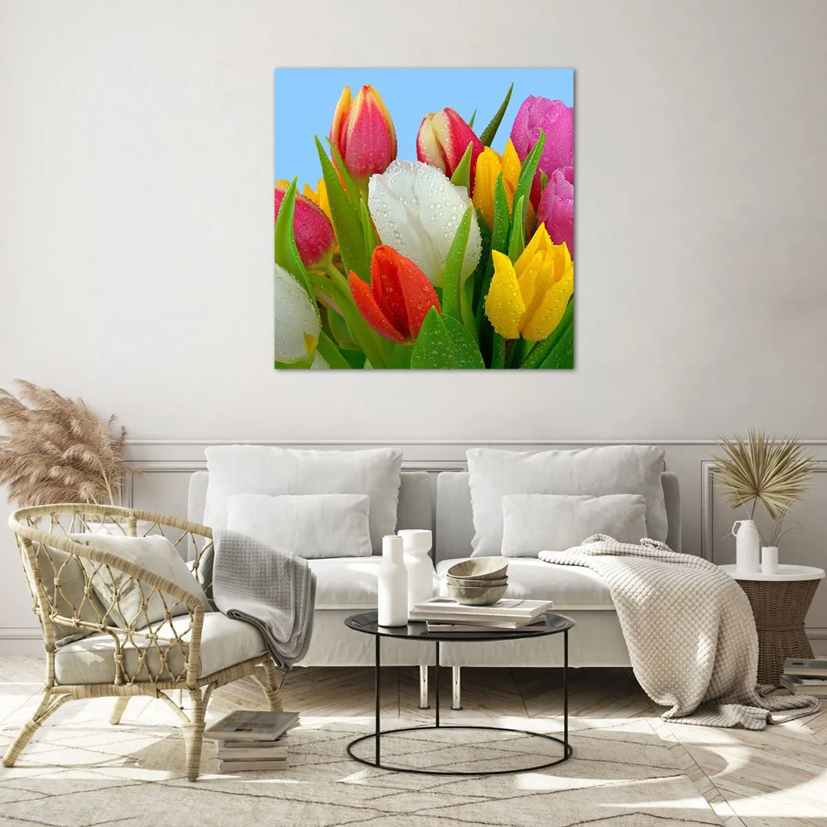 Tablou pe sticlă - Un curcubeu floral în picături de rouă - 30x30 cm