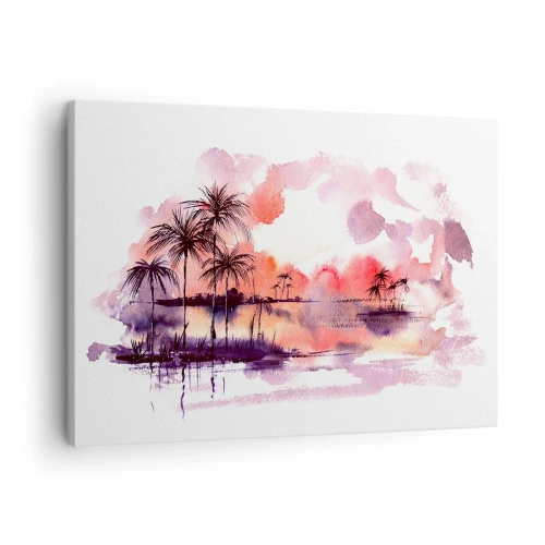 Tablou pe pânză Canvas - Peisaj tropical cu palmieri la apus în acuarelă - 70x50cm - Liniștea tropicelor în roșu - Decorațiune modernă pentru perete pentru living și dormitor ARTTOR