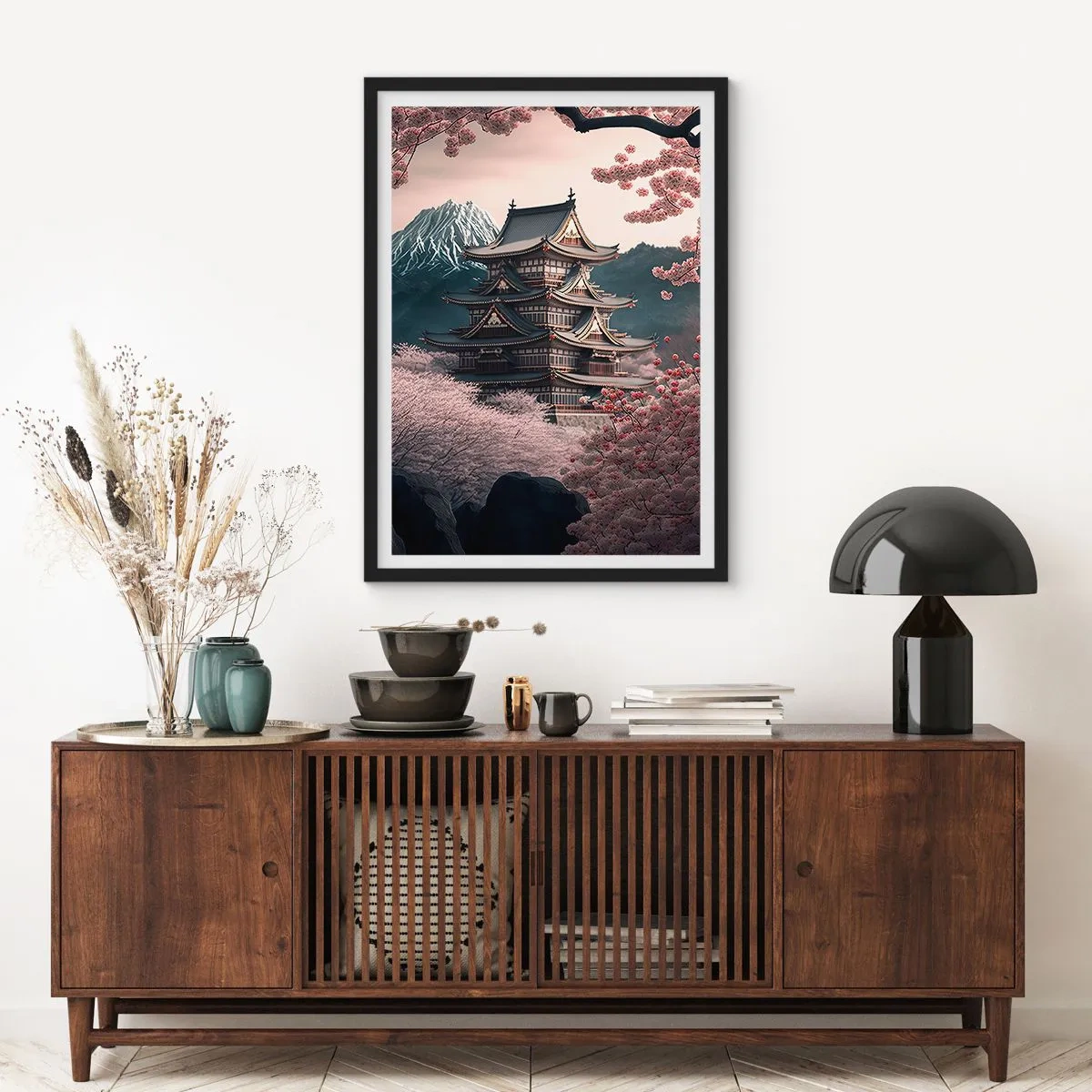 Poster în ramă neagră - Pagodă japoneză printre flori de cireș - 50x70cm - Țara florilor de cireș - Decorațiune modernă pentru perete pentru living și dormitor ARTTOR