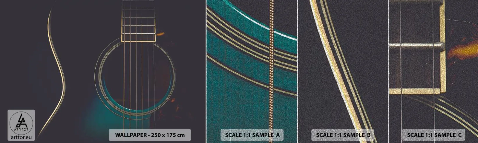 Mostră tapet Premium Sand - O clipă înainte de a suna - Chitară, Muzică, Siruri de caractere - 100x30 cm