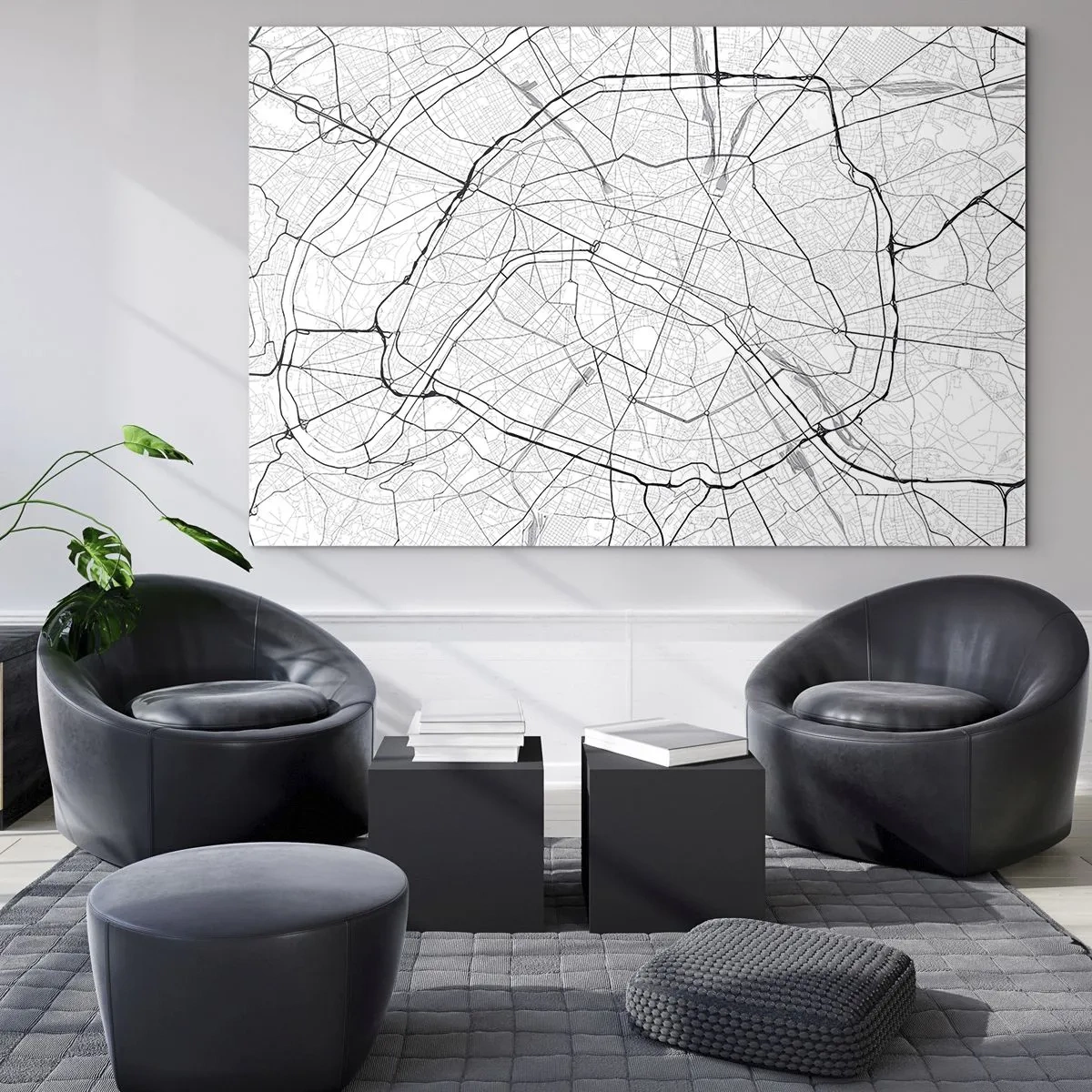 Tablou pe sticlă - Hartă a orașului alb-negru cu grilă stradală și artere circulare - 70x50cm - Floarea Parisului - Decorațiune modernă pentru perete pentru living și dormitor ARTTOR