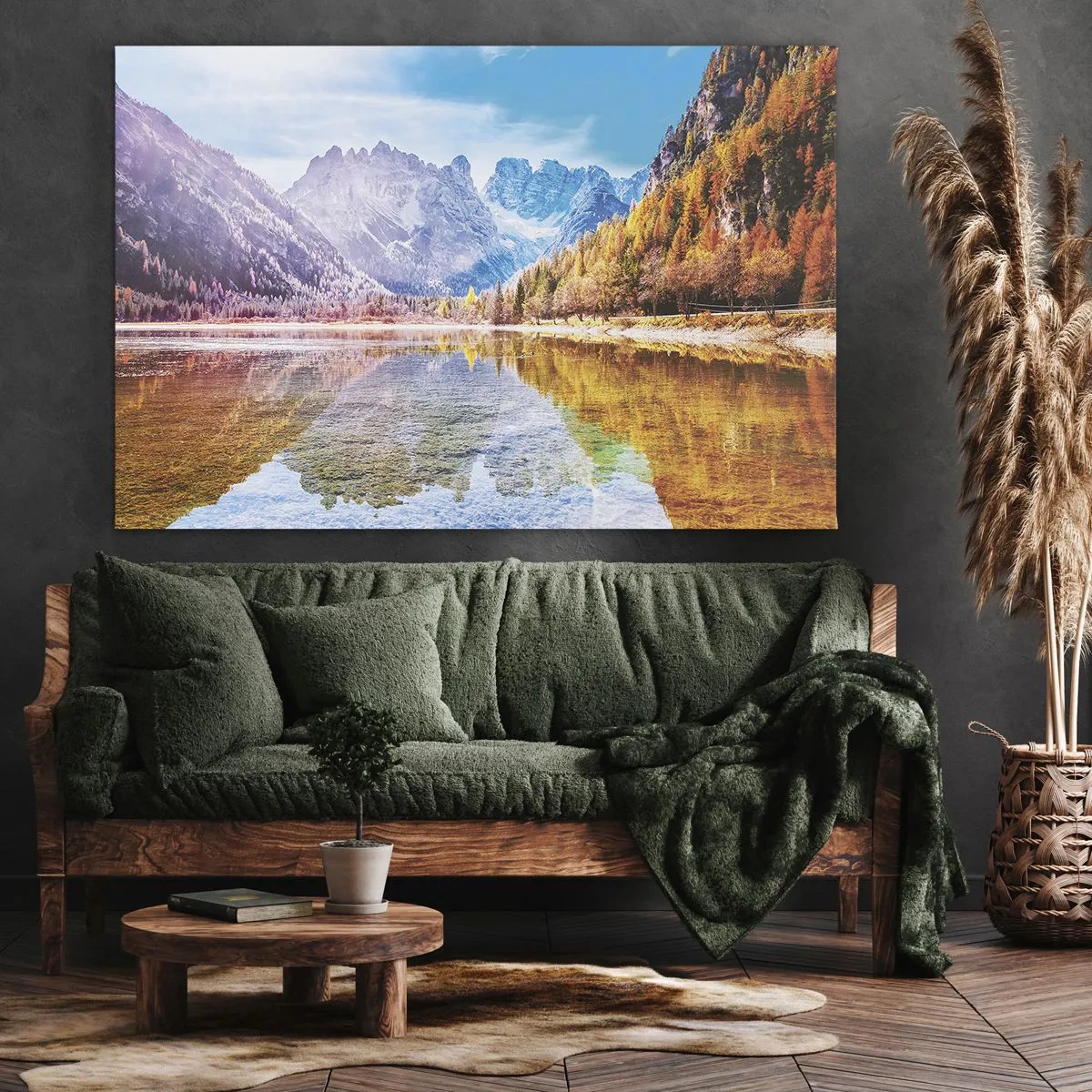 Tablou pe pânză Canvas - Peisaj montan de toamnă cu un lac - 70x50cm - Iar în munți începe toamna - Decorațiune modernă pentru perete pentru living și dormitor ARTTOR