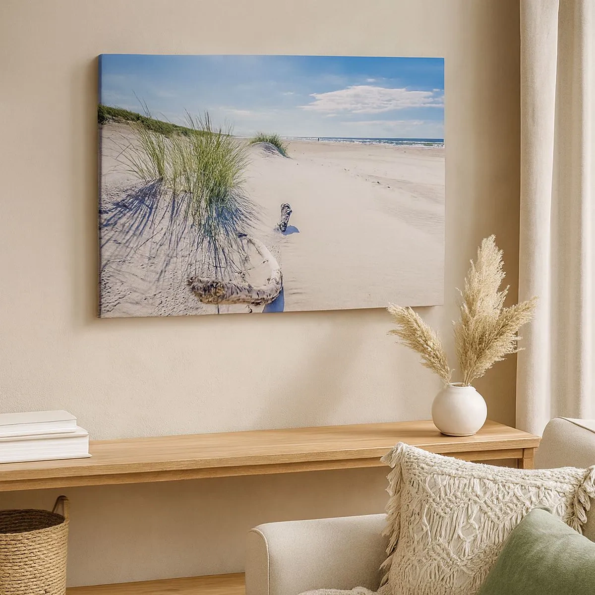 Tablou pe pânză Canvas - O plajă baltică cu nisip, iarbă și un cer albastru calm - 70x50cm - Cea mai frumoasă? Baltică - Decorațiune modernă pentru perete pentru living și dormitor ARTTOR