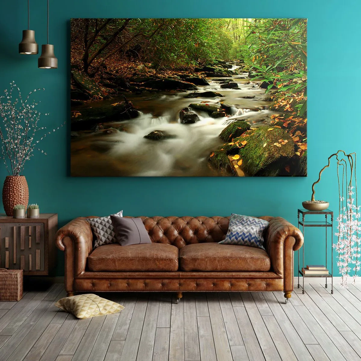 Tablou pe pânză Canvas - Un pârâu de pădure curge printre pietre înconjurat de verdeață - 70x50cm - Ca argintul lichid - Decorațiune modernă pentru perete pentru living și dormitor ARTTOR