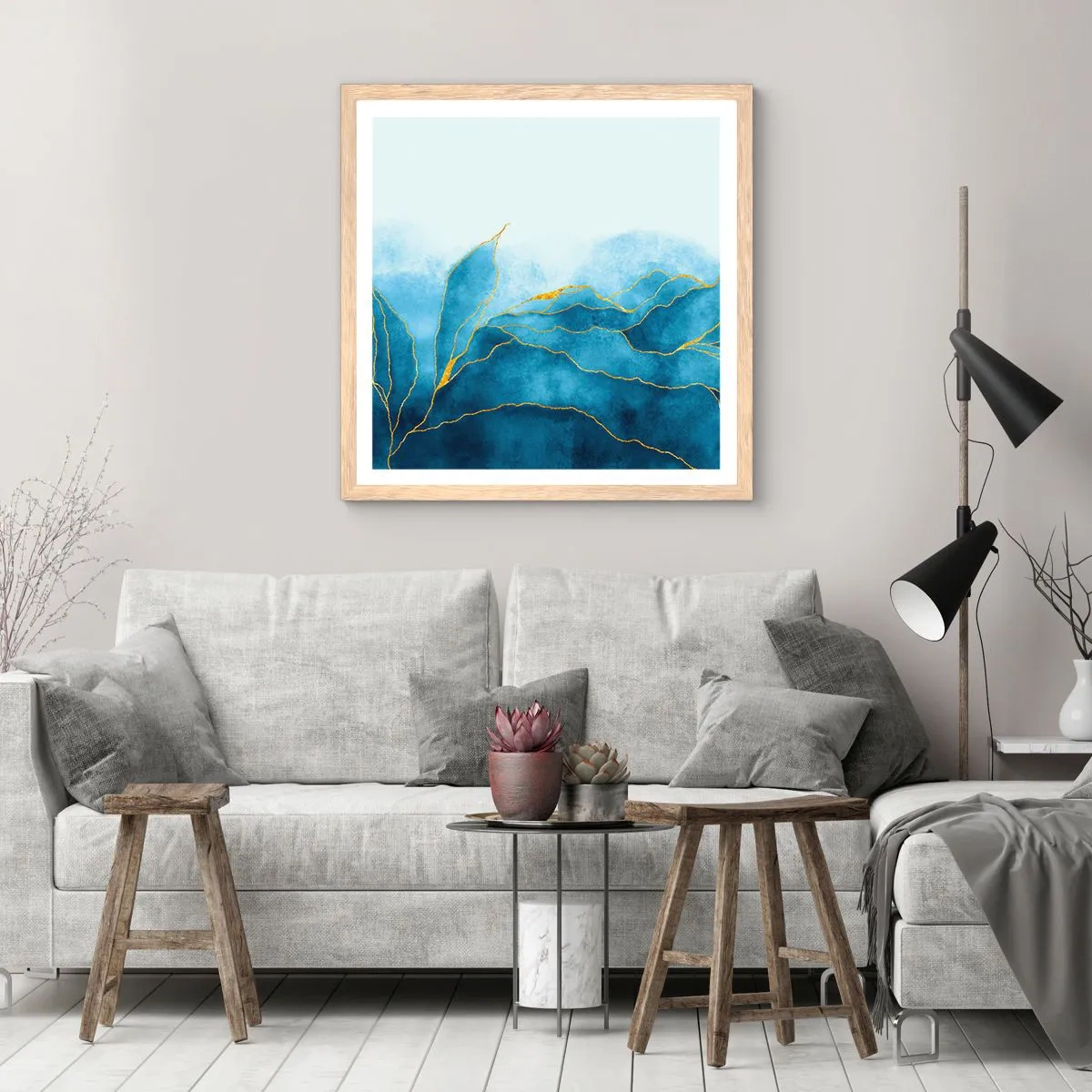 Poster în ramă de stejar deschis - Albastru în aur - 60x60 cm