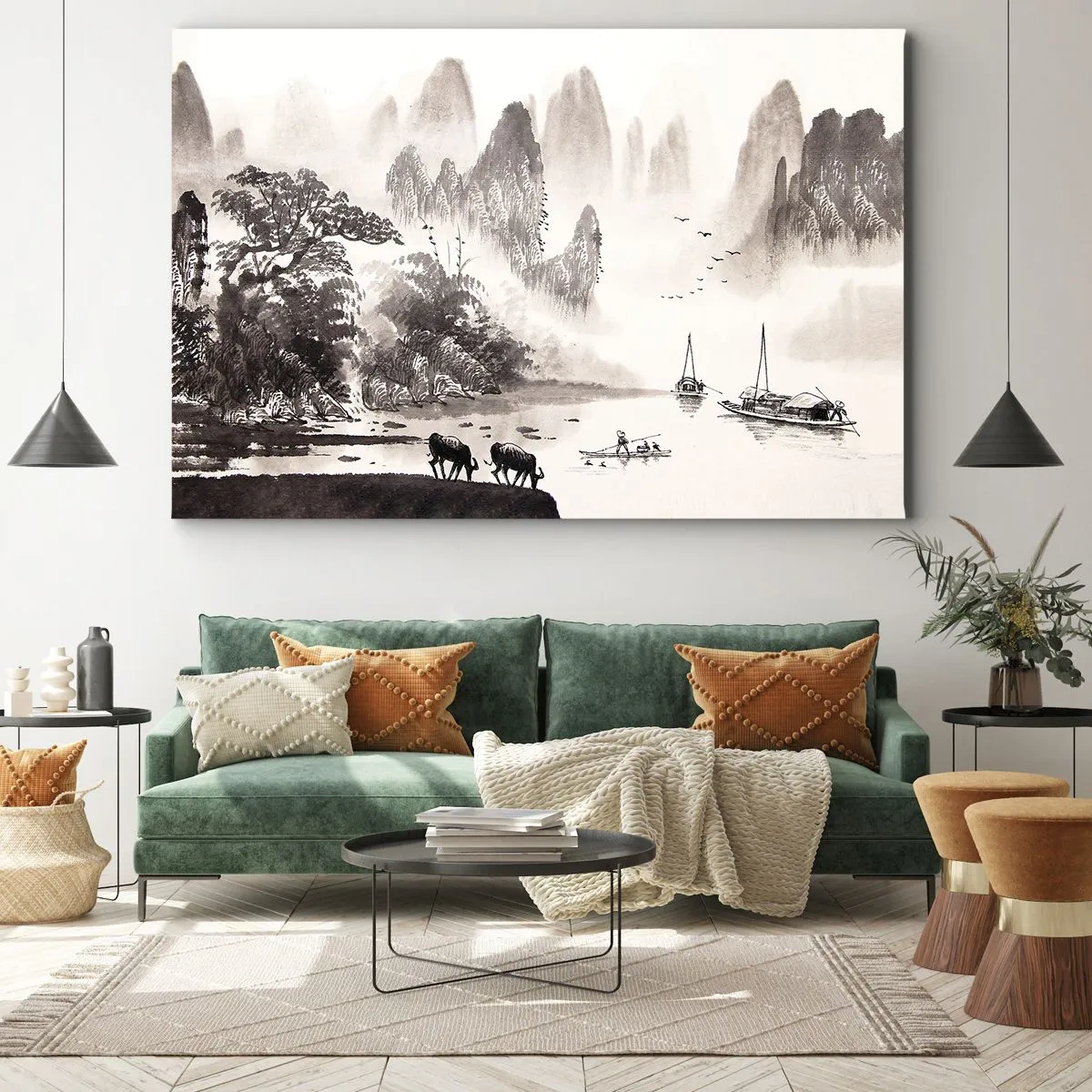 Tablou pe pânză Canvas - Un peisaj pitoresc în stil asiatic, cu munți învăluiți în ceață - 70x50cm - Viața exotică de zi cu zi a Estului - Decorațiune modernă pentru perete pentru living și dormitor ARTTOR