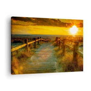 Tablou pe pânză Canvas - O potecă de lemn care duce la plajă în strălucirea soarelui care apune - 70x50cm - Scăldat în aur vechi - Decorațiune modernă pentru perete pentru living și dormitor ARTTOR