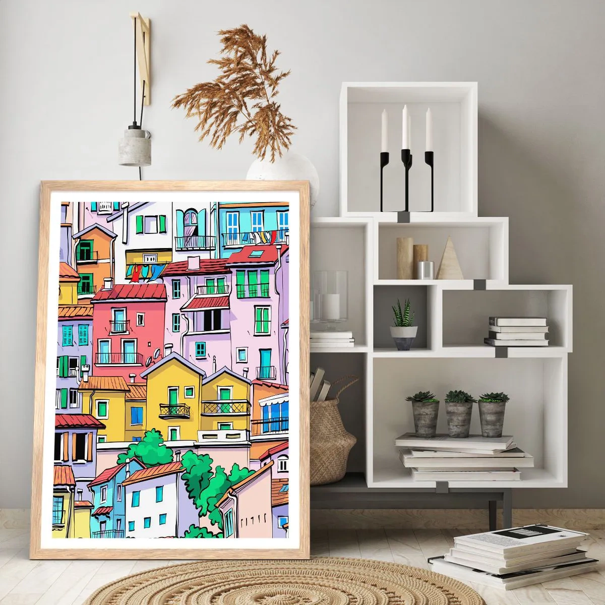 Poster în ramă de stejar deschis - Oraș vesel - 61x91 cm