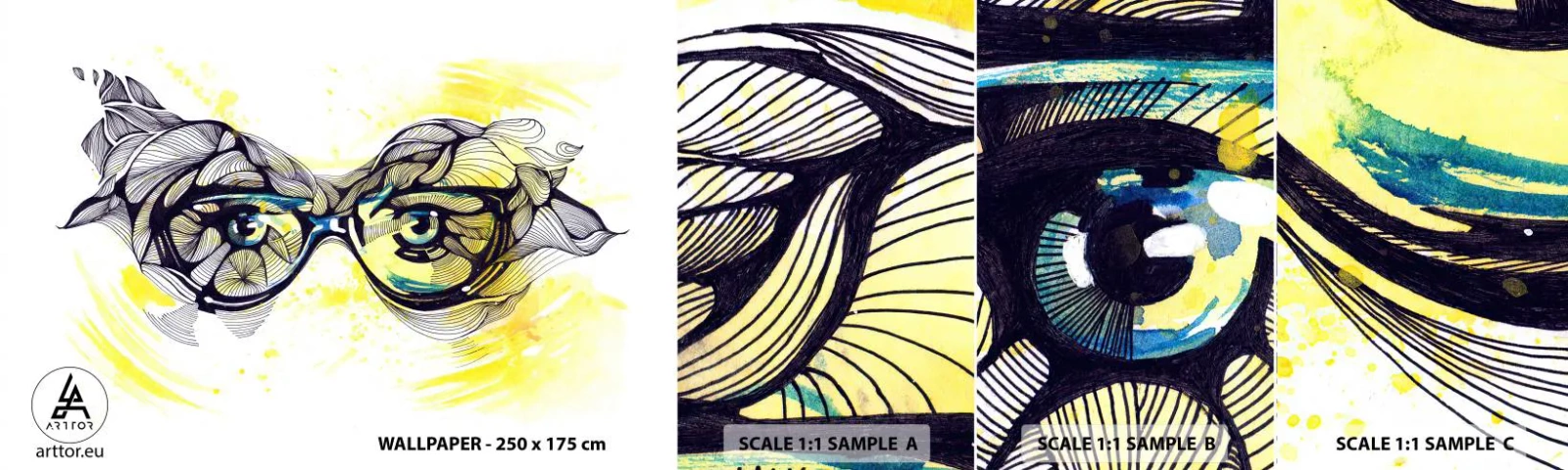 Mostră tapet autocolant Deluxe Sticker - Prin ochelari albaștri - Abstracția, Ochelari de damă, Ochi Femei - 100x30 cm