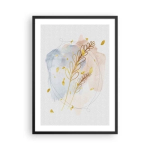 Poster în ramă neagră - compoziție botanică delicată cu detalii aurii - 50x70cm - Suflul de aur - Decorațiune modernă pentru perete pentru living și dormitor ARTTOR