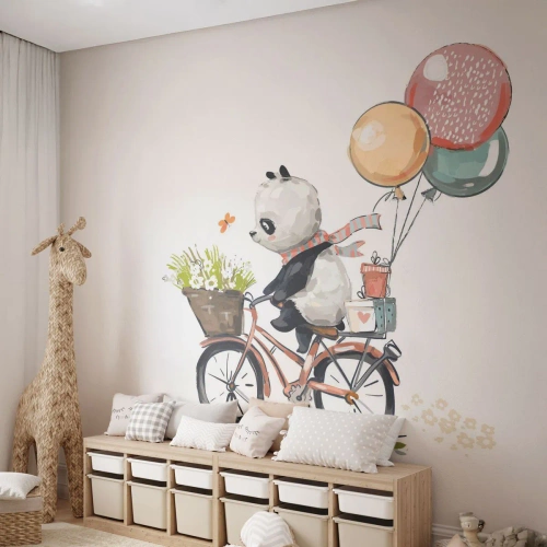 Tapet Standard Eco - Ilustrație cu un panda mergând pe bicicletă cu baloane - 100x70cm - O zi fericită - Decorațiune modernă pentru perete pentru living și dormitor ARTTOR