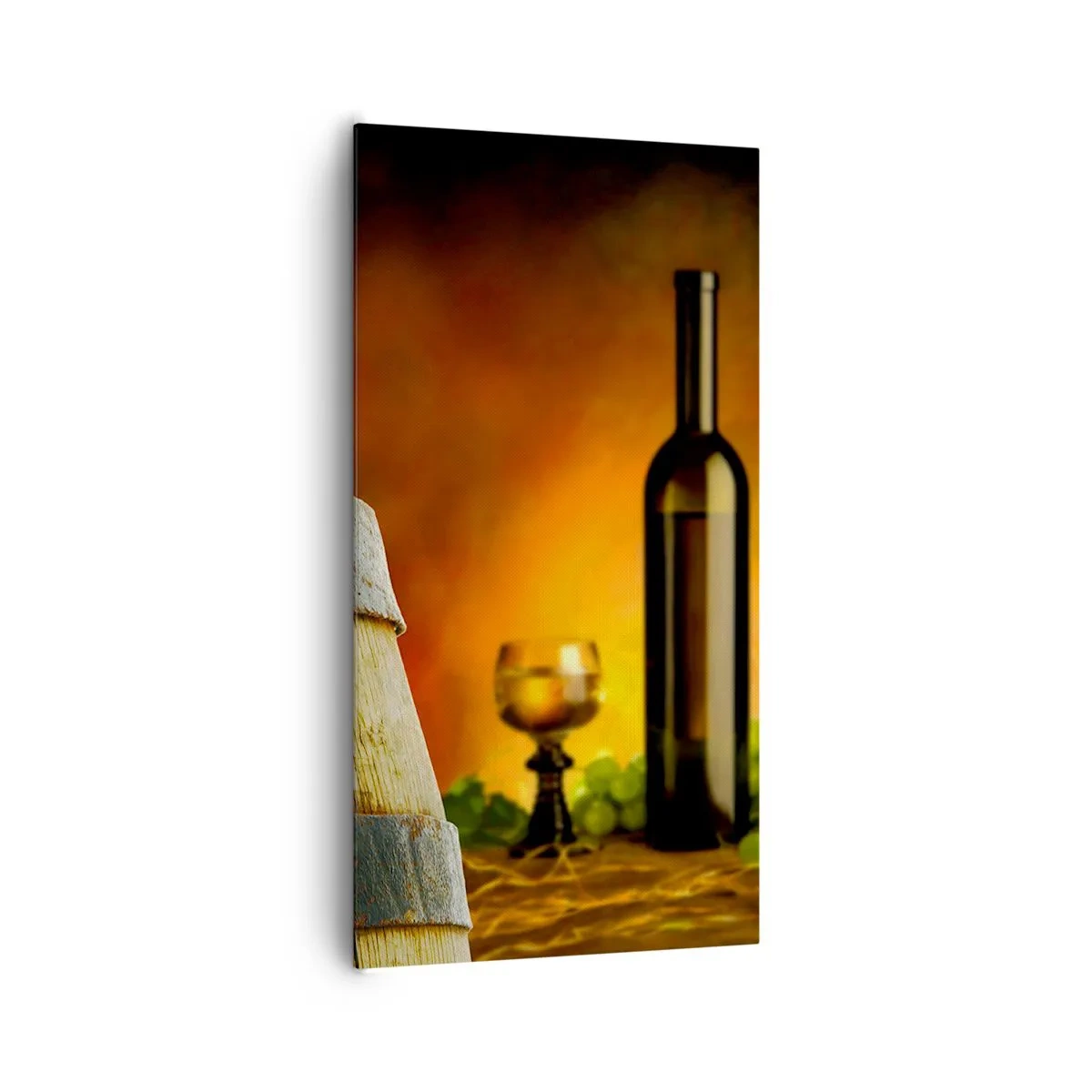 Tablou pe pânză - Natură moartă cu o sticlă de vin și un ciorchine de struguri - 65x120 cm
