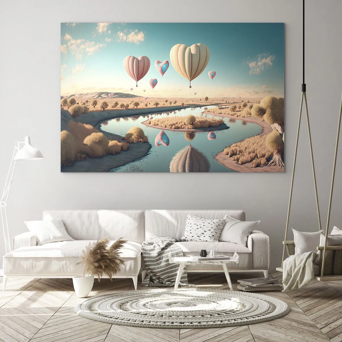 Tablou pe sticlă - Baloane în formă de inimă deasupra unui peisaj de basm cu un râu - 70x50cm - Iubirea ne înalță - Decorațiune modernă pentru perete pentru living și dormitor ARTTOR