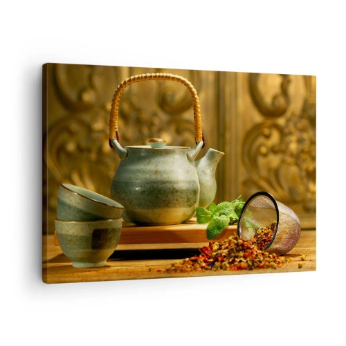 Tablou pe pânză Canvas - Cană ceramică cu cești și ceai uscat - 70x50cm - Un tratat despre consumul de ceai - Decorațiune modernă pentru perete pentru living și dormitor ARTTOR