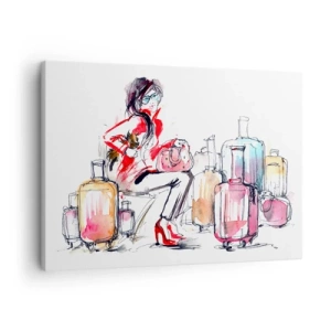 Tablou pe pânză Canvas - O femeie cu valize într-o ilustrație dinamică în acuarelă - 70x50cm - Să ne așezăm înainte de călătorie - Decorațiune modernă pentru perete pentru living și dormitor ARTTOR