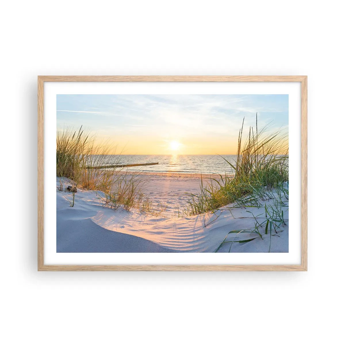 Poster în ramă de stejar deschis - Zumzet de mare, o plajă sălbatică printre ierburi... - 70x50 cm