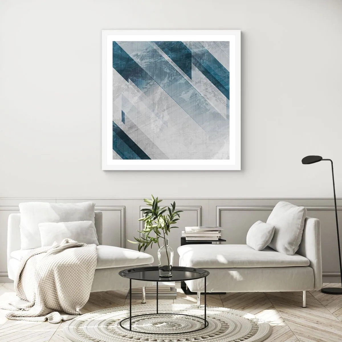 Poster în ramă albă - Compoziția spațială - mișcarea griului - 60x60 cm