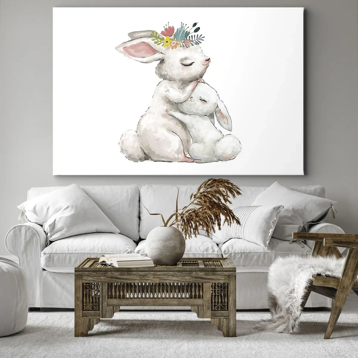 Tablou pe pânză Canvas - Iepuri drăguți în culori pastelate - 70x50cm - Ca la mama - Decorațiune modernă pentru perete pentru living și dormitor ARTTOR