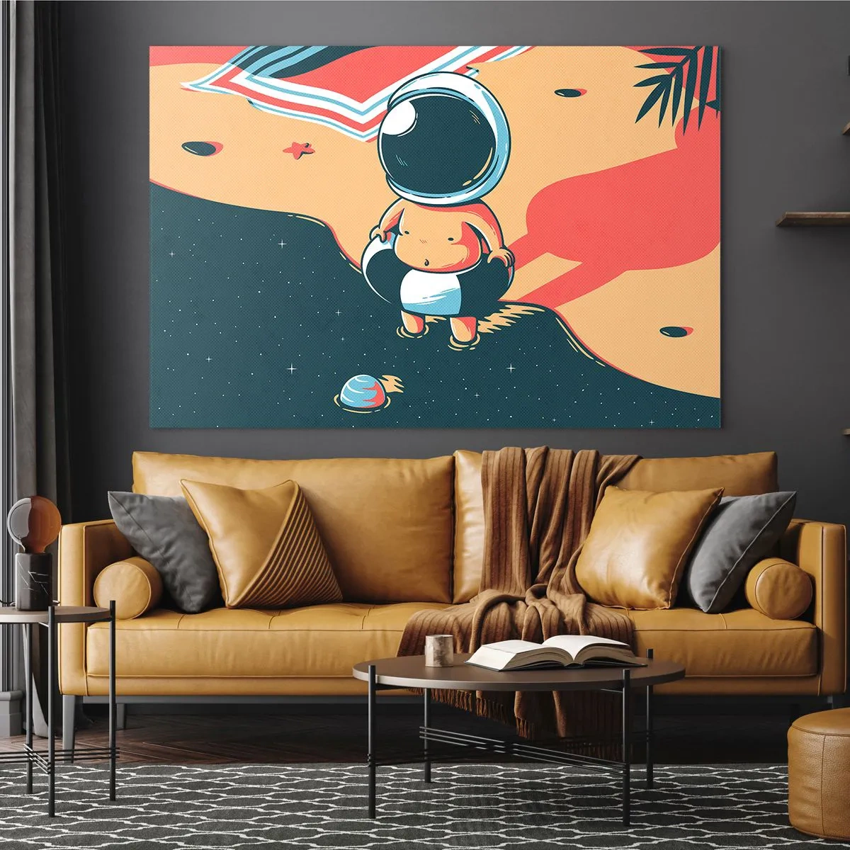 Tablou pe sticlă - Figură de astronaut pe o plajă cu un peisaj cosmic - 70x50cm - Dintr-o perspectivă diferită - Decorațiune modernă pentru perete pentru living și dormitor ARTTOR
