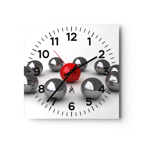 Ceas de perete - Ceas pe sticlă - Cerc în argintiu și roșu - 30x30 cm