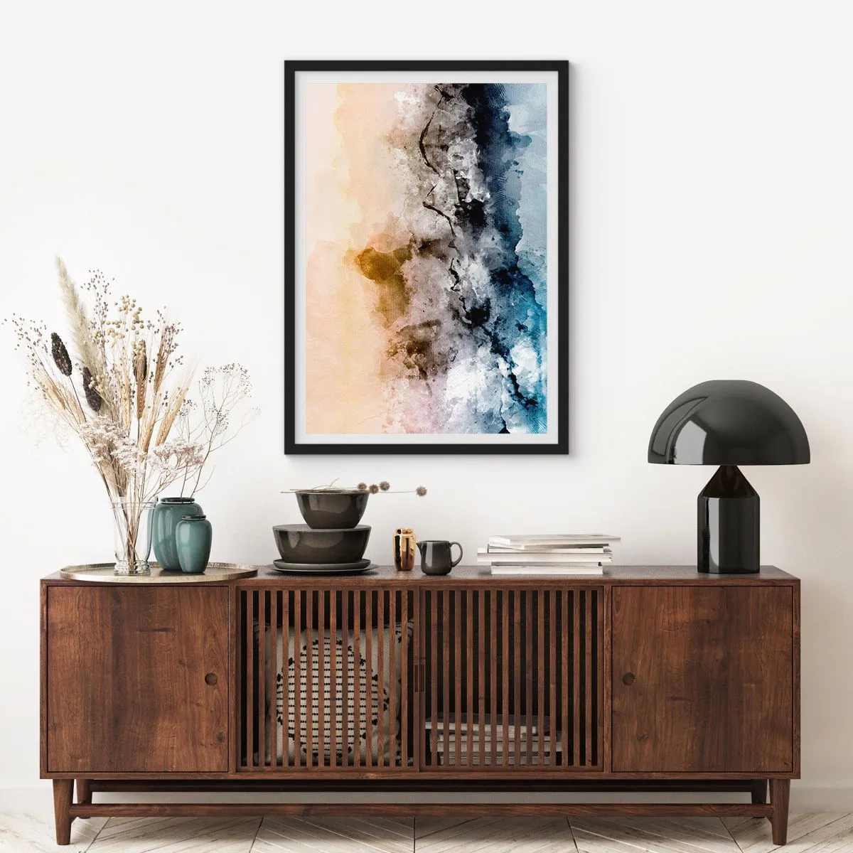 Poster în ramă neagră - Compoziție abstractă în nuanțe de albastru și bej - 50x70cm - Scufundate într-un vârtej de ceață - Decorațiune modernă pentru perete pentru living și dormitor ARTTOR