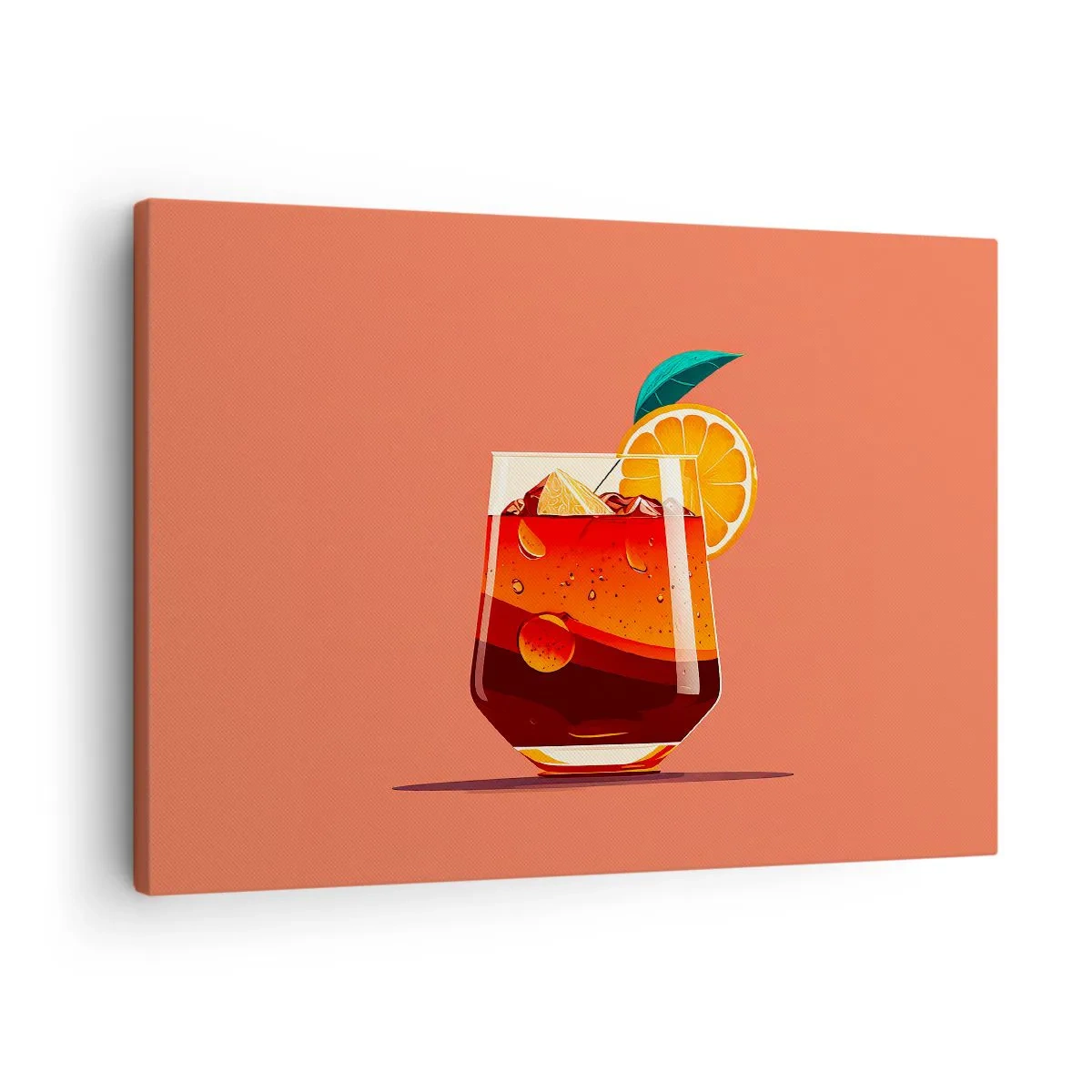 Tablou pe pânză Canvas - Un pahar de băutură și o felie de portocală pe un fundal portocaliu - 70x50cm - Răcoare de vară - Decorațiune modernă pentru perete pentru living și dormitor ARTTOR