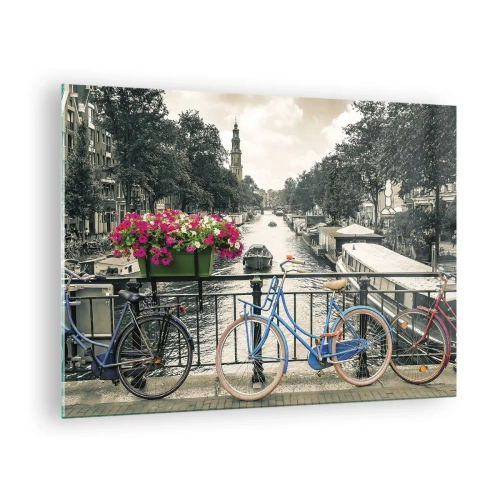 Tablou pe sticlă - Biciclete colorate pe podul canalului - 70x50cm - Culorile unui canal din Amsterdam - Decorațiune modernă pentru perete pentru living și dormitor ARTTOR