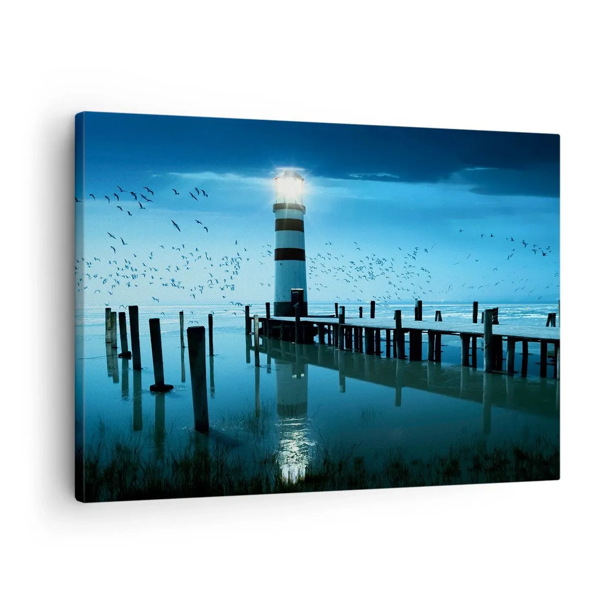 Tablou pe pânză Canvas - Farul de la dig iluminat noaptea - 70x50cm - Și nu ți-e frică de întuneric - Decorațiune modernă pentru perete pentru living și dormitor ARTTOR