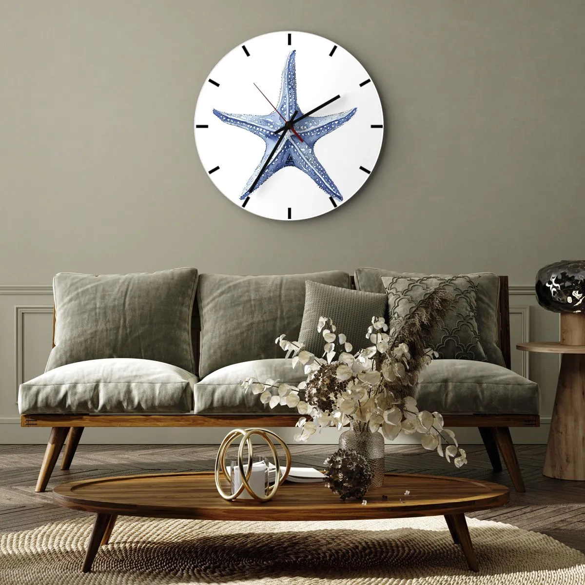 Ceas de perete - Ceas pe sticlă - Stea de mare albastră pe fundal alb în stil acuarelă - 30x30cm - Steaua mării - Decorațiune modernă pentru perete pentru living, bucătărie și dormitor ARTTOR