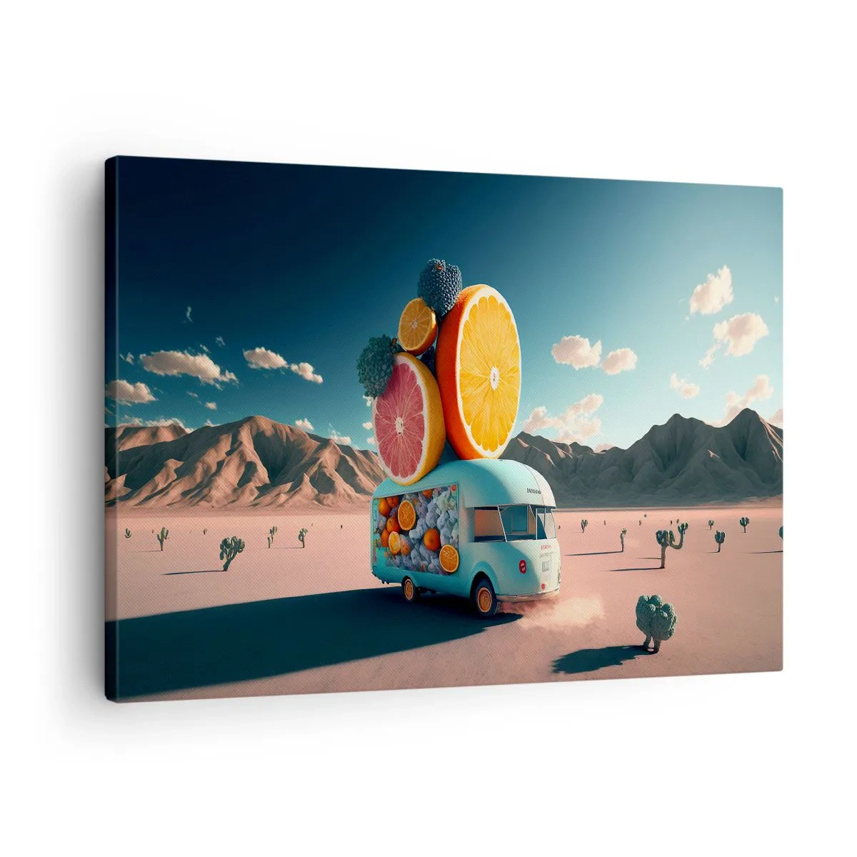 Tablou pe pânză Canvas - Camion cu fructe într-un peisaj deșertic - 70x50cm - Gustul vacanței - Decorațiune modernă pentru perete pentru living și dormitor ARTTOR