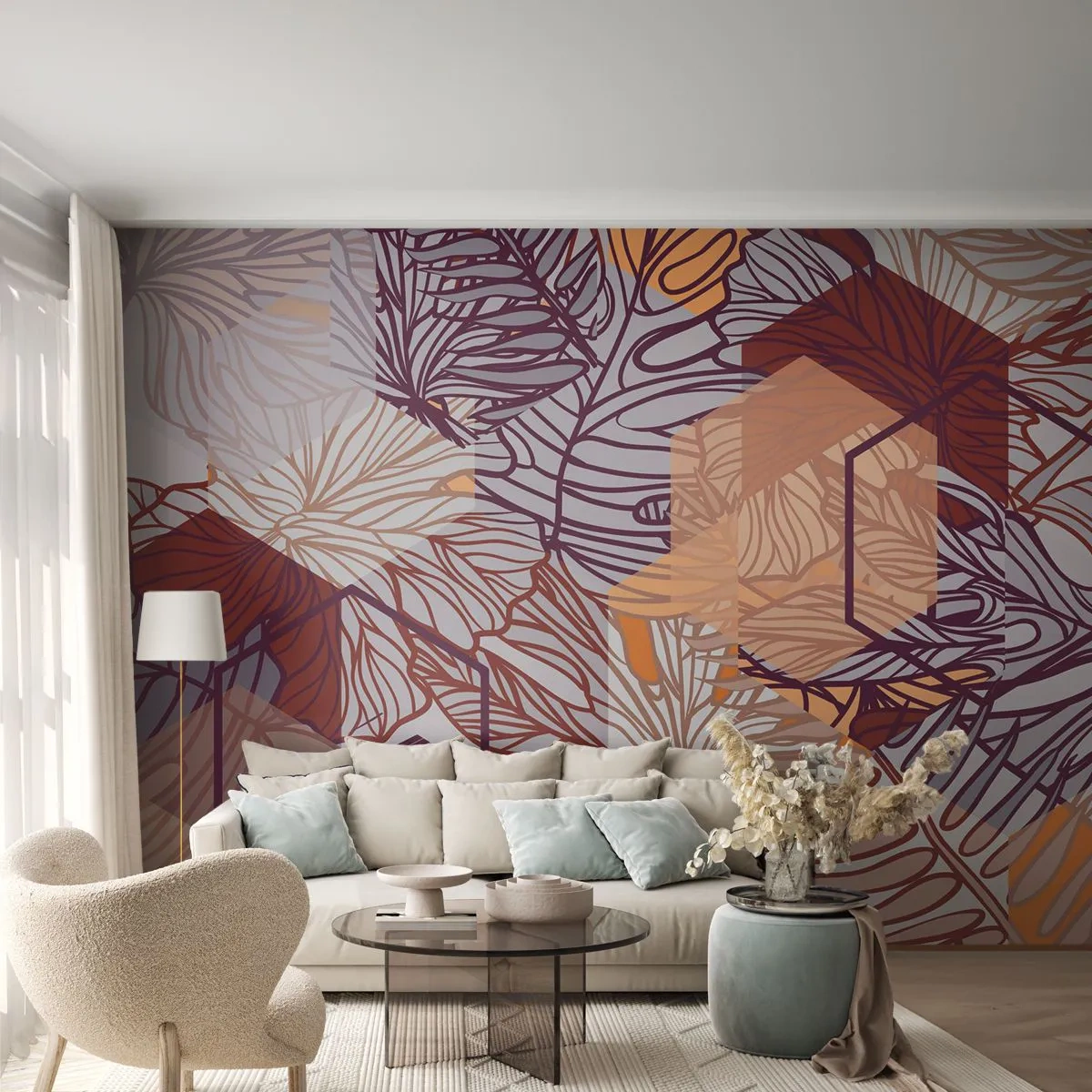 Tapet Standard Eco - Relația imposibilă dintre geometrie și natură - Abstracția, Grafică, Frunze - 350x256 cm