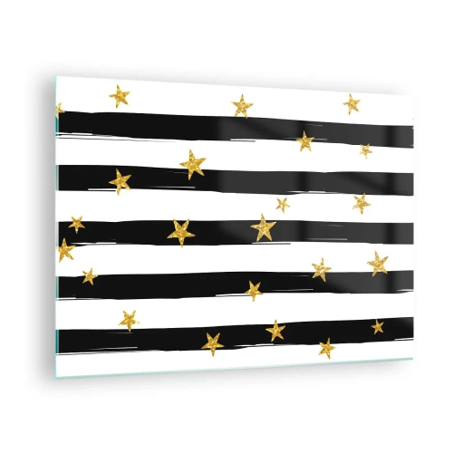Tablou pe sticlă - Dungi albe și negre cu stele aurii - 70x50cm - Cu toții ne-am născut sub o stea norocoasă - Decorațiune modernă pentru perete pentru living și dormitor ARTTOR