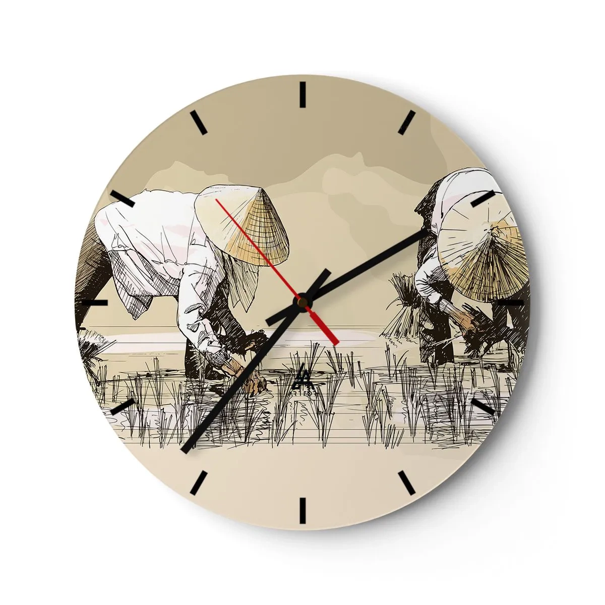 Ceas de perete - Ceas pe sticlă - Un motiv de desene animate cu fermieri care lucrează într-un câmp de orez în nuanțe de bej. - 30x30cm - O recoltă reușită - Decorațiune modernă pentru perete pentru living, bucătărie și dormitor ARTTOR