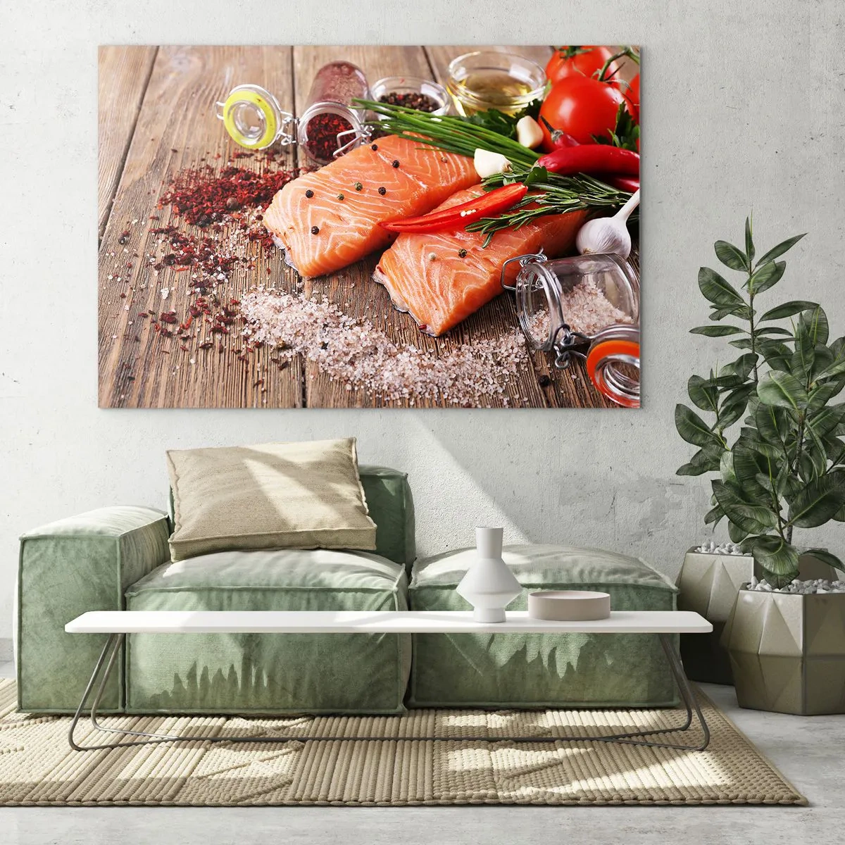 Tablou pe sticlă - Fileuri de somon cu condimente pe blat de lemn - 70x50cm - O aventură norvegiană în bucătărie - Decorațiune modernă pentru perete pentru living și dormitor ARTTOR