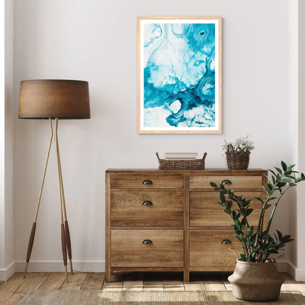 Poster în ramă de stejar deschis - Concert de nuanțe de albastru - 50x70 cm