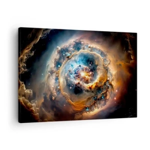 Tablou pe pânză Canvas - O viziune abstractă a unei explozii cosmice în nuanțe de auriu și albastru. - 70x50cm - Început - Decorațiune modernă pentru perete pentru living și dormitor ARTTOR