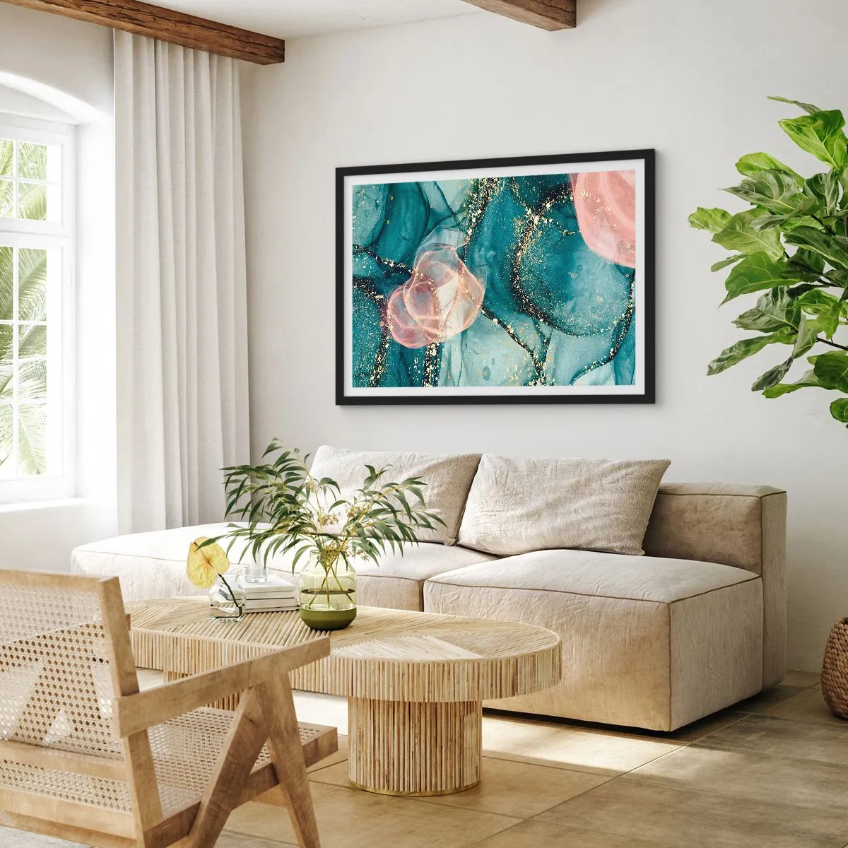 Poster în ramă neagră - Mătase albastră, tul roz - 100x70 cm