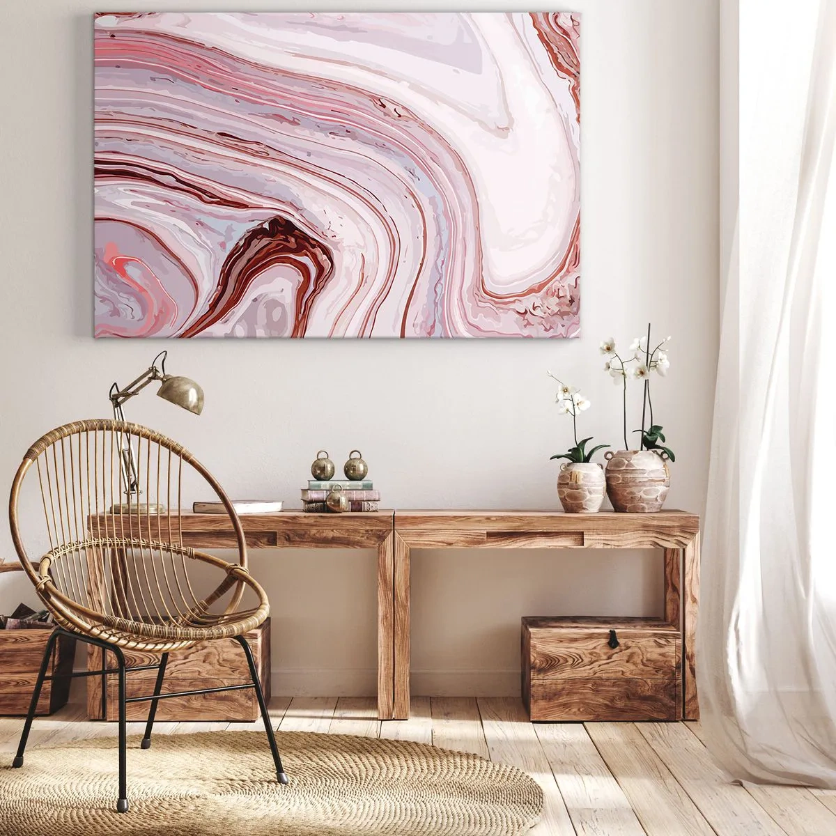 Tablou pe pânză Canvas - Model abstract în roz și alb - 70x50cm - Drept înainte, apoi dreapta jos - Decorațiune modernă pentru perete pentru living și dormitor ARTTOR