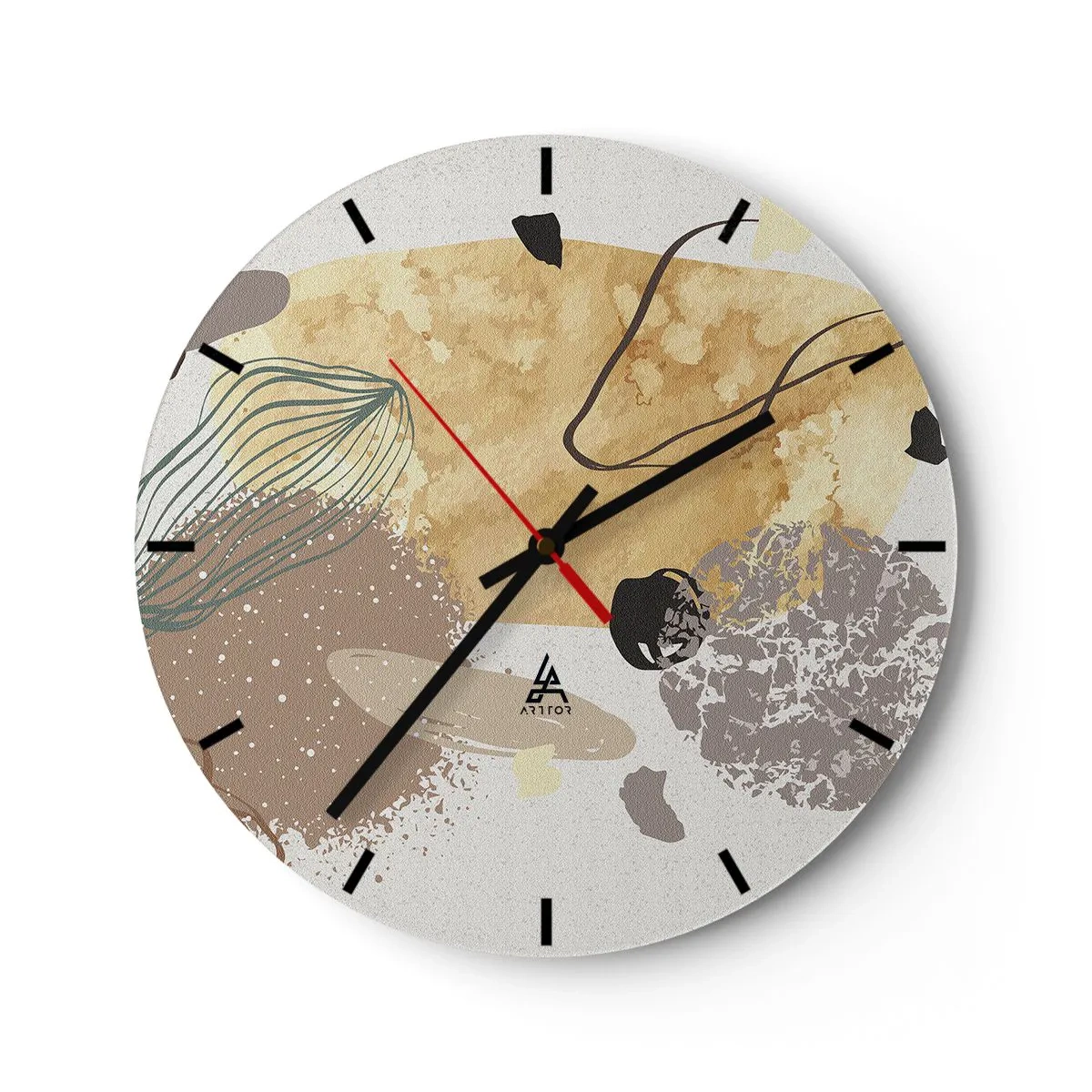 Ceas de perete - Ceas pe sticlă - Abstracție artistică în tonuri de bej și maro - 30x30cm - Fluiditatea aplicată - Decorațiune modernă pentru perete pentru living, bucătărie și dormitor ARTTOR