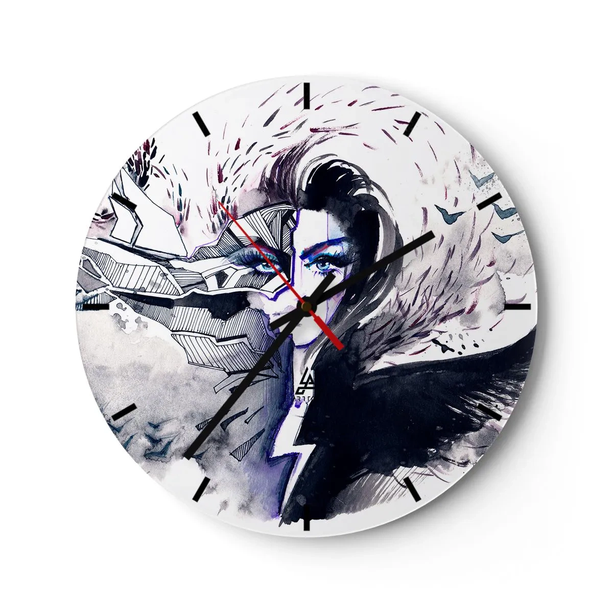 Ceas de perete - Ceas pe sticlă - Portret abstract al unei femei cu motiv demon și fulgere - 30x30cm - Demonică și frumoasă - Decorațiune modernă pentru perete pentru living, bucătărie și dormitor ARTTOR