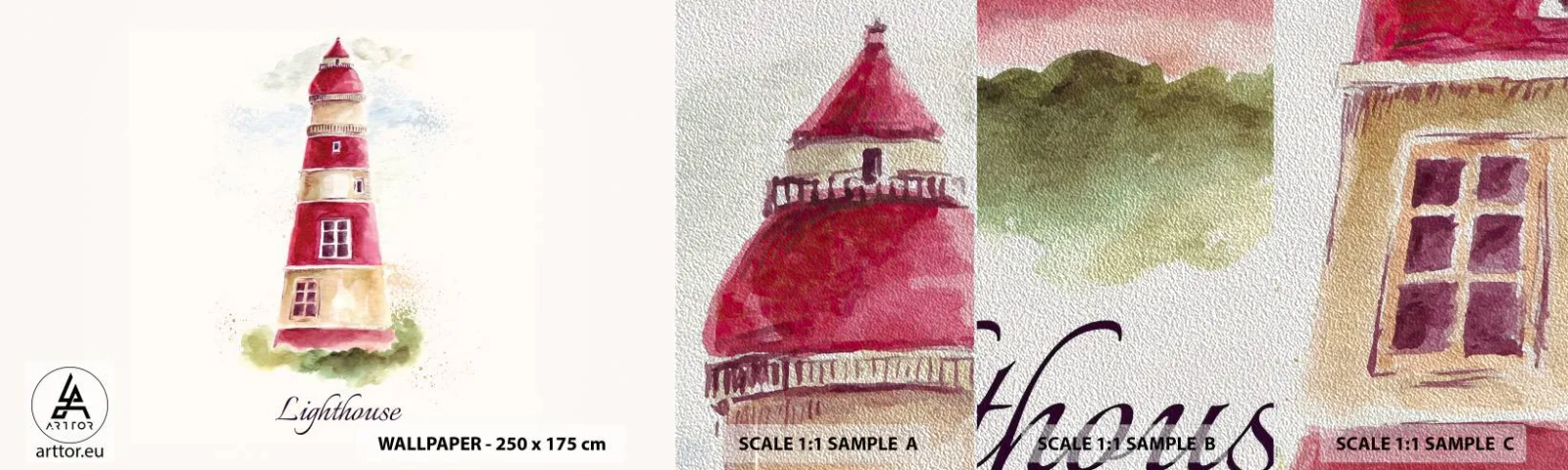 Mostră tapet Premium Sand - Întotdeauna vreme bună - Far, Litoral, Mare - 100x30 cm