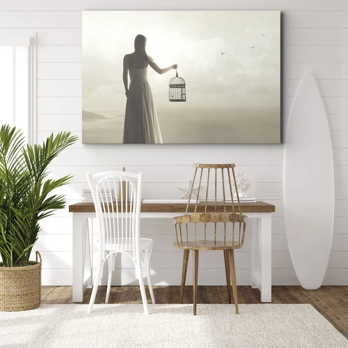 Tablou pe pânză Canvas - O femeie cu o cușcă pe un cer calm - 70x50cm - Fii liberă - Decorațiune modernă pentru perete pentru living și dormitor ARTTOR