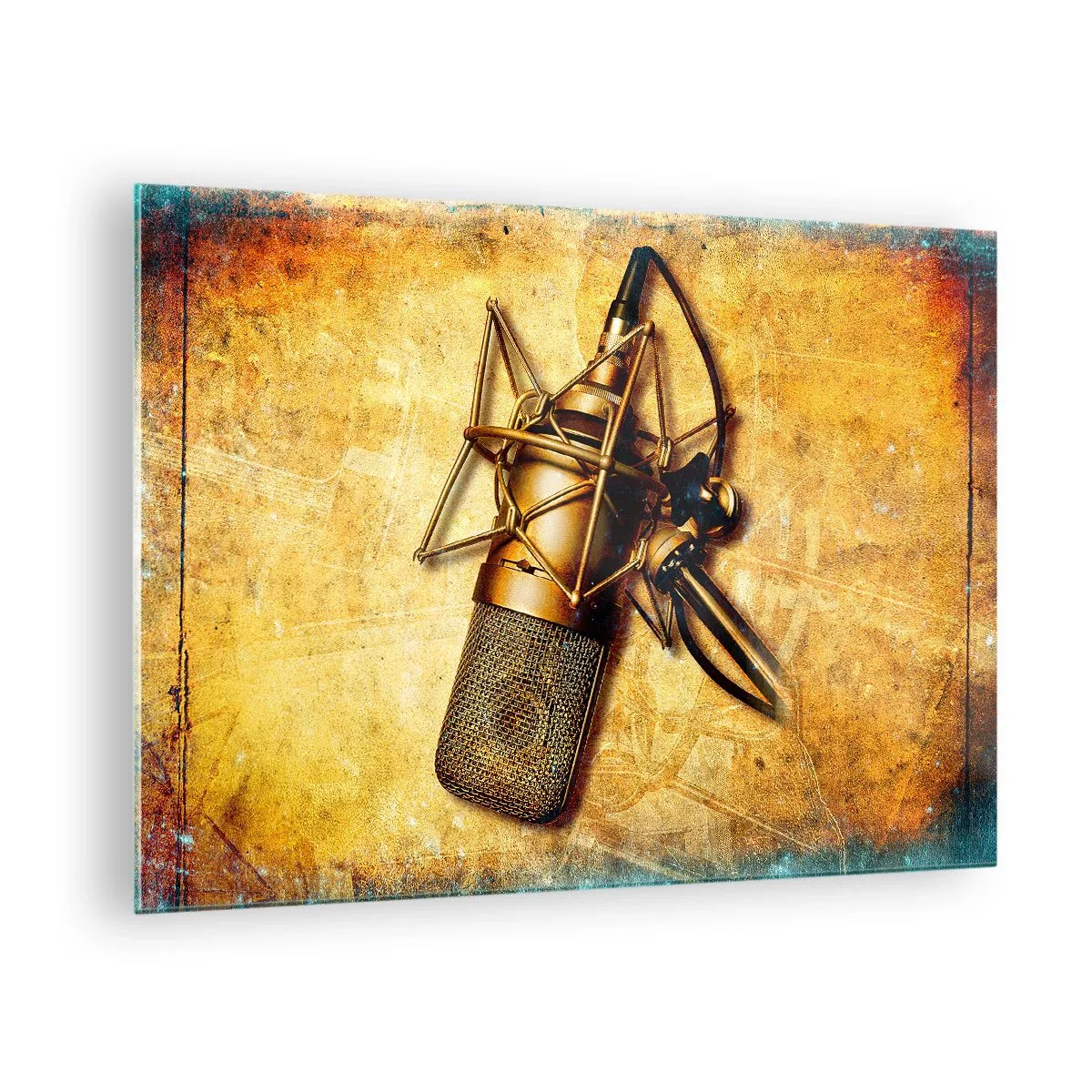 Tablou pe sticlă - Un microfon auriu pe un fundal vintage - 70x50cm - Anii de aur ai radioului - Decorațiune modernă pentru perete pentru living și dormitor ARTTOR
