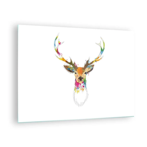 Tablou pe sticlă - Siluetă colorată a unui cerb pe un fundal alb într-un stil abstract - 70x50cm - Cerb blând scăldat în culoare - Decorațiune modernă pentru perete pentru living și dormitor ARTTOR